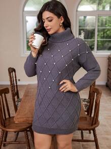 Calvaya Plus Pearls Beaded Turtleneck Drop Shoulder Sweater Dress Winter Fall Autumn - Grey - View 4