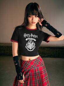 Harry Potter | ROMWE Của phụ nữ Phong cách Học viện Mùa vụ Áo thun - màu đen - Xem 1