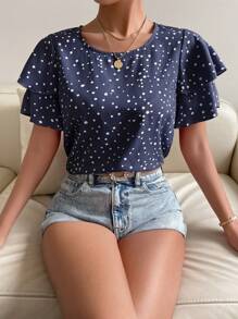 SHEIN Clasi Women's Short Sleeve Polka Dot Ruffle Shirt - Navy Blue - View 1