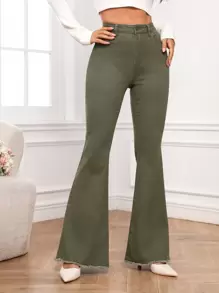 SHEIN Frenchy Frilled Bottom Solid Color Flare Jeans For Women - Army Green - View 1