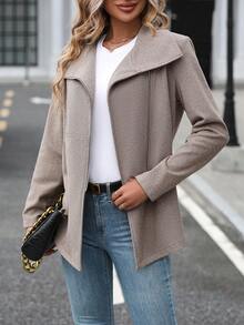 Solid Color Zipper Front Collar Woolen Jacket - Coffee Brown - View 6