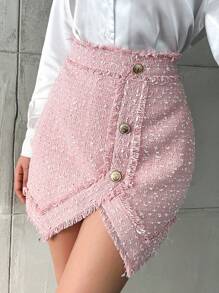 RueChic Solid Buttoned Asymmetrical Hem Raw Edge Skirt - Pink - View 3