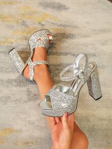 女士厚底防水厚底粗跟凉鞋，闪亮装饰派对凉鞋，适合所有季节，夜店、T台、感恩节、圣诞节家庭聚会、春夏装扮 - 銀色 - 查看 5
