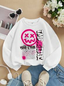 SHEIN 青少女卡通與標語圖形下垂肩熱感套衫 - 白色 - 查看 1