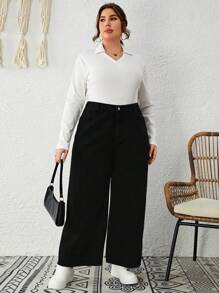 EMERY ROSE Plus Size Women's Elastic-Free Wide Leg Boyfriend Jeans - Black - View 6