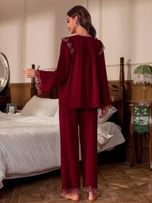 女士睡衣套裝 - 酒紅色 - 查看 2