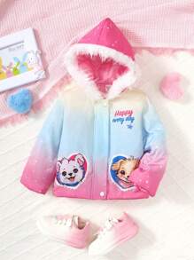 SHEIN Little Girls' Coat With Hood, Gradient Color, Cute Pattern Design, Winter