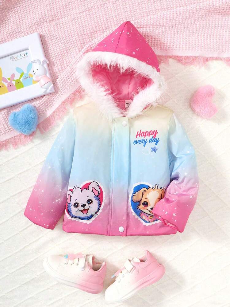 Little Girls' Coat With Hood, Gradient Color, Cute Pattern Design, Winter