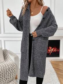 SHEIN Essnce 雙口袋下垂肩扣釦針織外套 - 灰色 - 查看 4