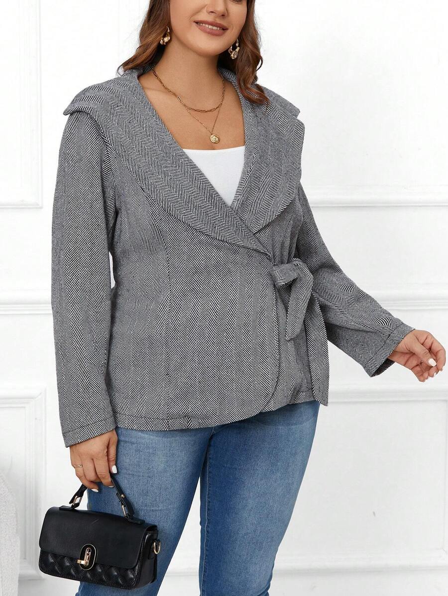 SHEIN Clasi Kích thước lớn Xương cá trích Khăn quàng Buộc áo - Xám - Xem 1