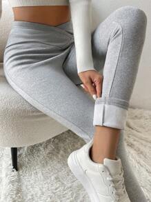 SHEIN Essnce 女士交叉腰保暖内衬紧身裤 - 淺灰色 - 查看 3
