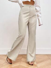 SHEIN Privé Solid Color High Waisted Corduroy Flare Pants - Khaki - View 4