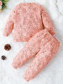 嬰兒女童卡通圖形t恤衫和褲子 - 粉色 - 查看 2