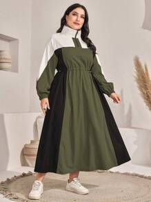 Mulvari 大尺碼拼色抽繩腰燈籠袖連身裙 - 彩色 - 查看 1