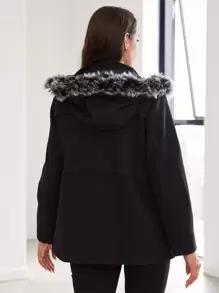 RueChic Drawstring Waist Fuzzy Trim Hooded Overcoat - Black - View 2