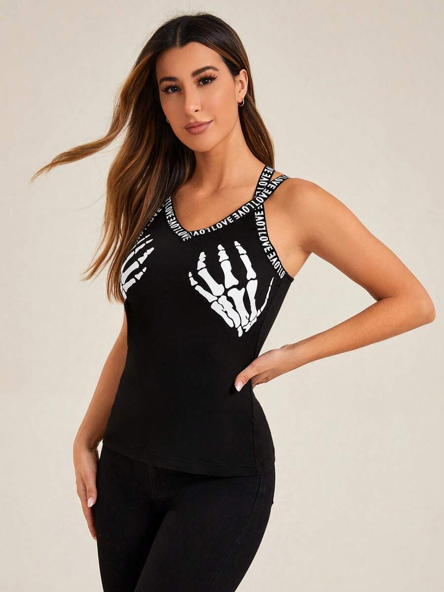 SHEIN Unity 骷髅手印字母吊带吊带背心图案 T 恤女式上衣 - 黑色 - 查看 1