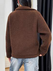 SHEIN Unity Flap Pocket Zip Up Teddy Jacket - Brown - View 2