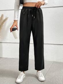 SHEIN Frenchy Eo dây rút Quần chân thẳng - màu đen - Xem 6