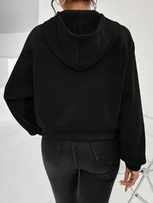 SHEIN Privé Women's Button & Drawstring Design Hoodie - Black - View 2