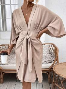 SHEIN Privé Batwing Sleeve Knotted Front Dress - Khaki - View 1