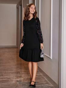 RueChic Teen Girl Contrast Sequin Ruffle Hem Dress - Black - View 1