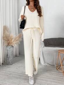 SHEIN Essnce Women's V-neck Drop Shoulder Sweater 2pcs/set - Apricot - View 5