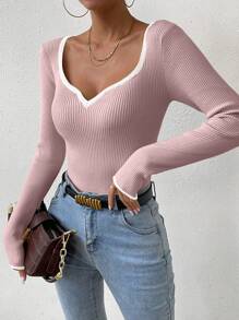 RosyDaze 撞色包边心形领毛衣，长袖针织套头衫，秋冬毛衣 - 藕粉色 - 查看 5