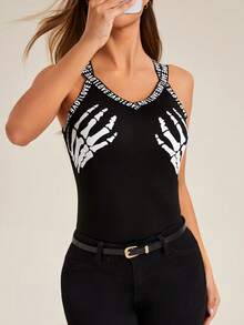 SHEIN Unity 骷髅手印字母吊带吊带背心图案 T 恤女式上衣 - 黑色 - 查看 3