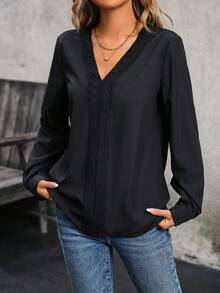 SHEIN Clasi Của phụ nữ Cổ chữ V Ren Vá lại Áo sơ mi - màu đen - Xem 4