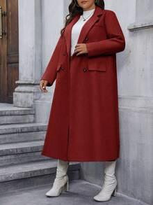 Calvaya Plus Size Red Double Breasted Mid-Length Coat - Burgundy - View 3