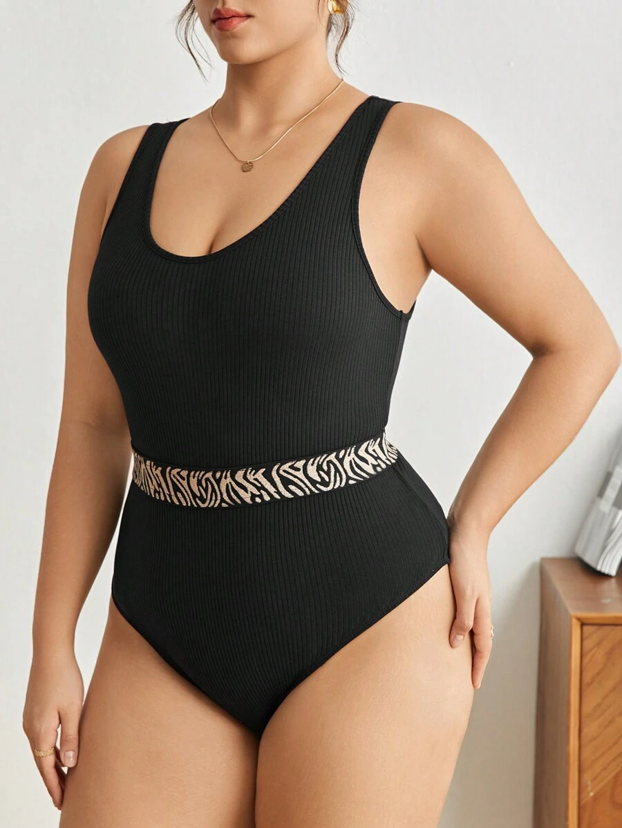 BizChic Plus Zebra Striped Tape Ribbed Knit Bodysuit - Black - View 1