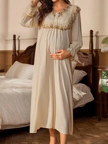 Moonlight&Mama Maternity Embroidered Lace Nightgown, Pajama Dress - Beige - View 5