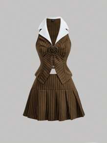 SHEIN MOD Striped Print Stereo Flower Front Vest Jacket & Skirt - Brown - View 1