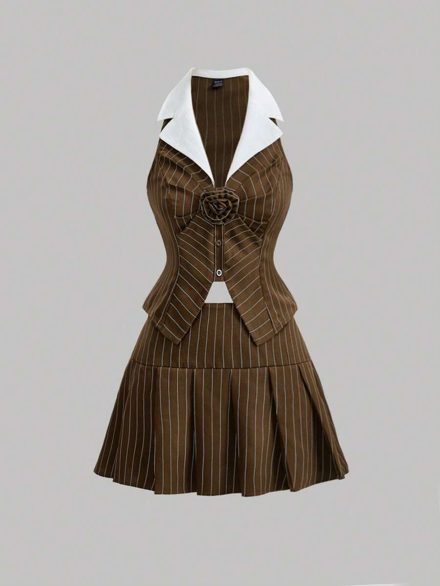 SHEIN MOD Striped Print Stereo Flower Front Vest Jacket & Skirt - Brown - View 1
