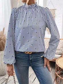 SHEIN Privé 女式條紋半高領燈籠袖襯衫