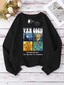 SHEIN EZwear 圓領掉肩字母印花套頭衫 - 黑色 - 查看 7