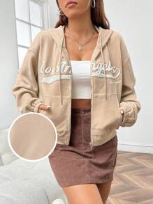 SHEIN EZwear 杏色織花女款連帽刺繡衛衣 - 杏色 - 查看 1