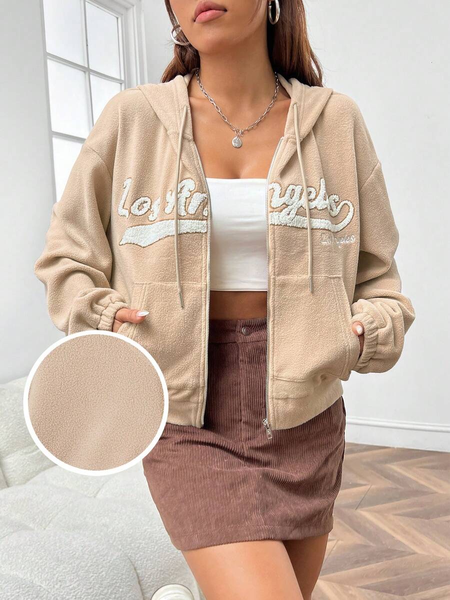 SHEIN EZwear 杏色織花女款連帽刺繡衛衣 - 杏色 - 查看 1