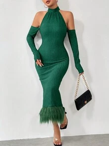 Allurite 露背荷葉邊緣修身連衣裙 - 墨綠色 - 查看 5