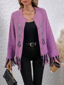 SHEIN Clasi 女士流蘇邊裝飾插肩袖長袖開襟衫 - 紫色 - 查看 5