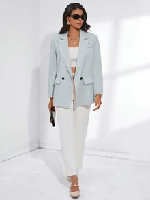 SHEIN Essnce 純色翻領雙排扣西裝外套 - 淺藍色 - 查看 5