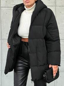 SHEIN Cottnline Solid Color Casual Hooded Padded Jacket - Black - View 4