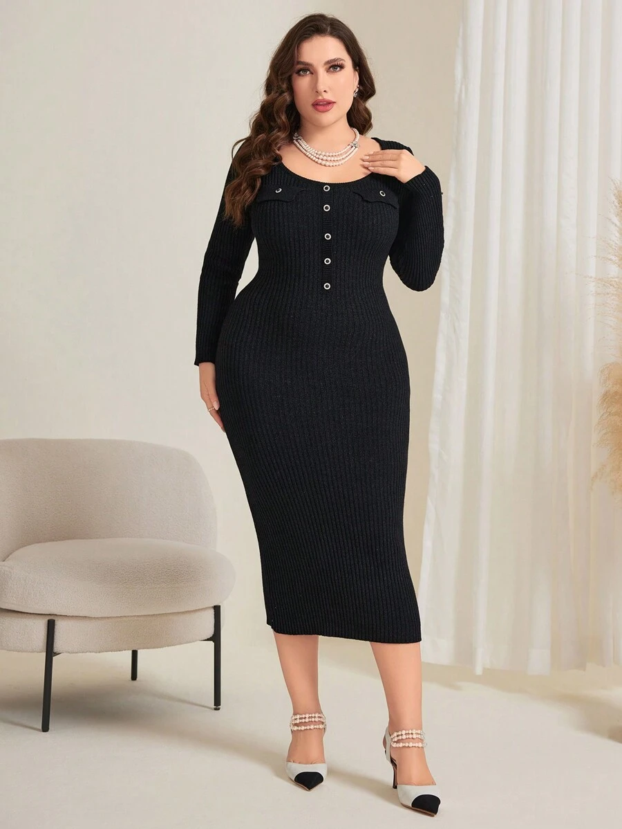 Mulvari Women'S Solid Color Round Neck Long Sleeve Mid-Length Bodycon Dress - Blue - View 1