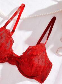 Conjunto de lencería con sujetador con aro y lazo frontal de malla bordada con corazones y calzoncillo a juego - Rojo - Ver 3