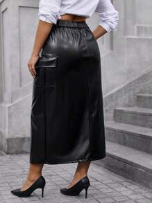 SHEIN Unity Plus Split Thigh PU Leather Skirt - Black - View 2