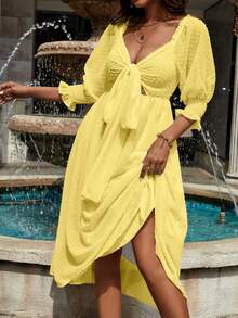 SHEIN Clasi 瑞士點點紮結前面荷葉袖連衣裙 - 黃色 - 查看 3