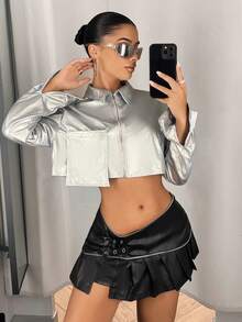 SHEIN ICON Asymmetrical Waist Contrast Piping Ruffle Hem PU Leather Skirt - Black - View 7