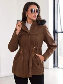 EURMUSE Drawstring Waist Fuzzy Trim Hooded Overcoat - Coffee Brown - View 1