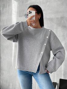 RueChic Áo nỉ vai trễ bất đối xứng cỡ lớn bằng cotton dành cho nữ - Xám - Xem 3