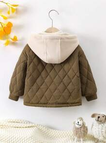 男童鑽石格紋拼接加厚連帽外套,帶口袋 - 軍綠色 - 查看 2
